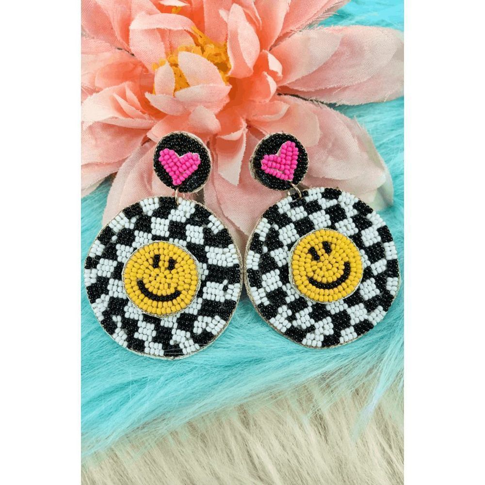 Black and White Checker Happy Face Seed Bead Earrings